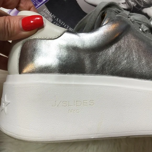 J/SLIDES Hally Silver Metallic Leather Sneaker - Picture 2 of 11